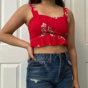 Red floral peplum ruffle bottom crop tank top